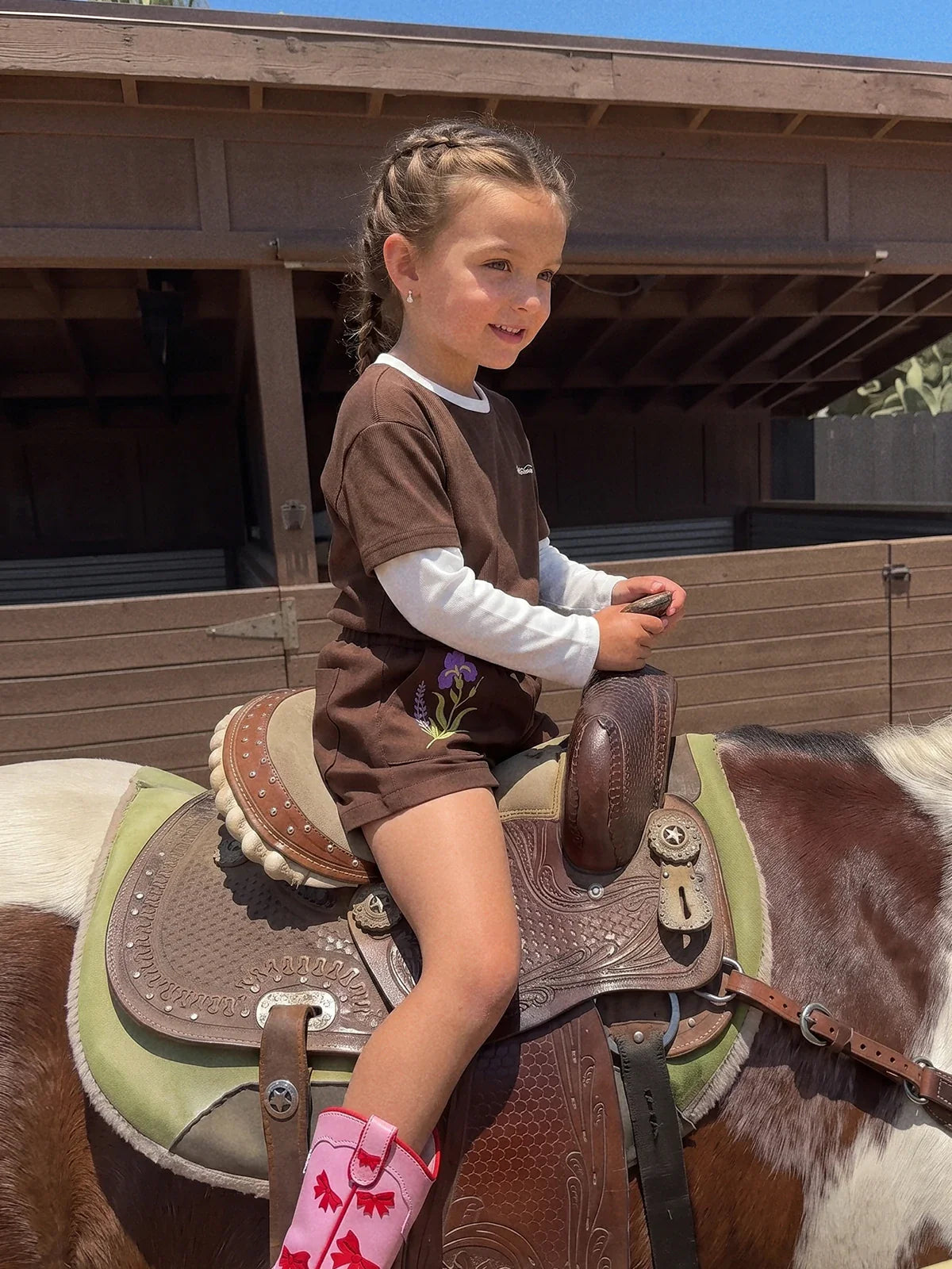 Kid's Brown Layered Tee & Floral Embroidered Shorts Set | KINS CLASS