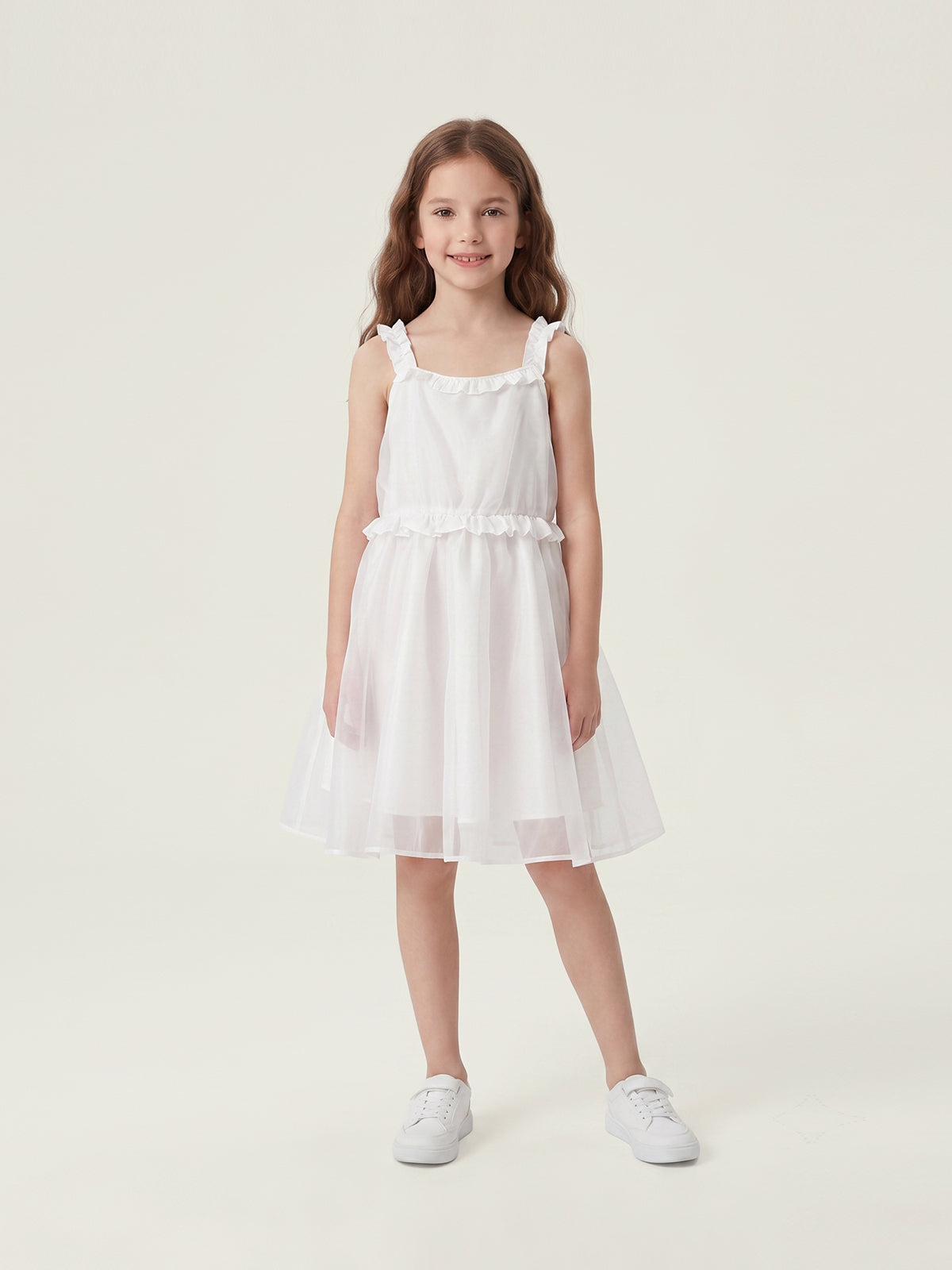 Ruffle Trim White Tulle Cami Dress | KINS CLASS