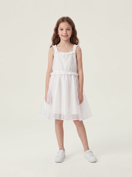 Ruffle Trim White Tulle Cami Dress | KINS CLASS
