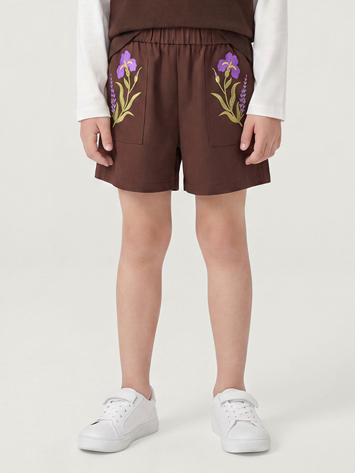 Kid's Brown Layered Tee & Floral Embroidered Shorts Set | KINS CLASS