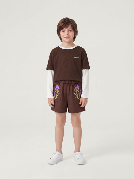 Kid's Brown Layered Tee & Floral Embroidered Shorts Set | KINS CLASS