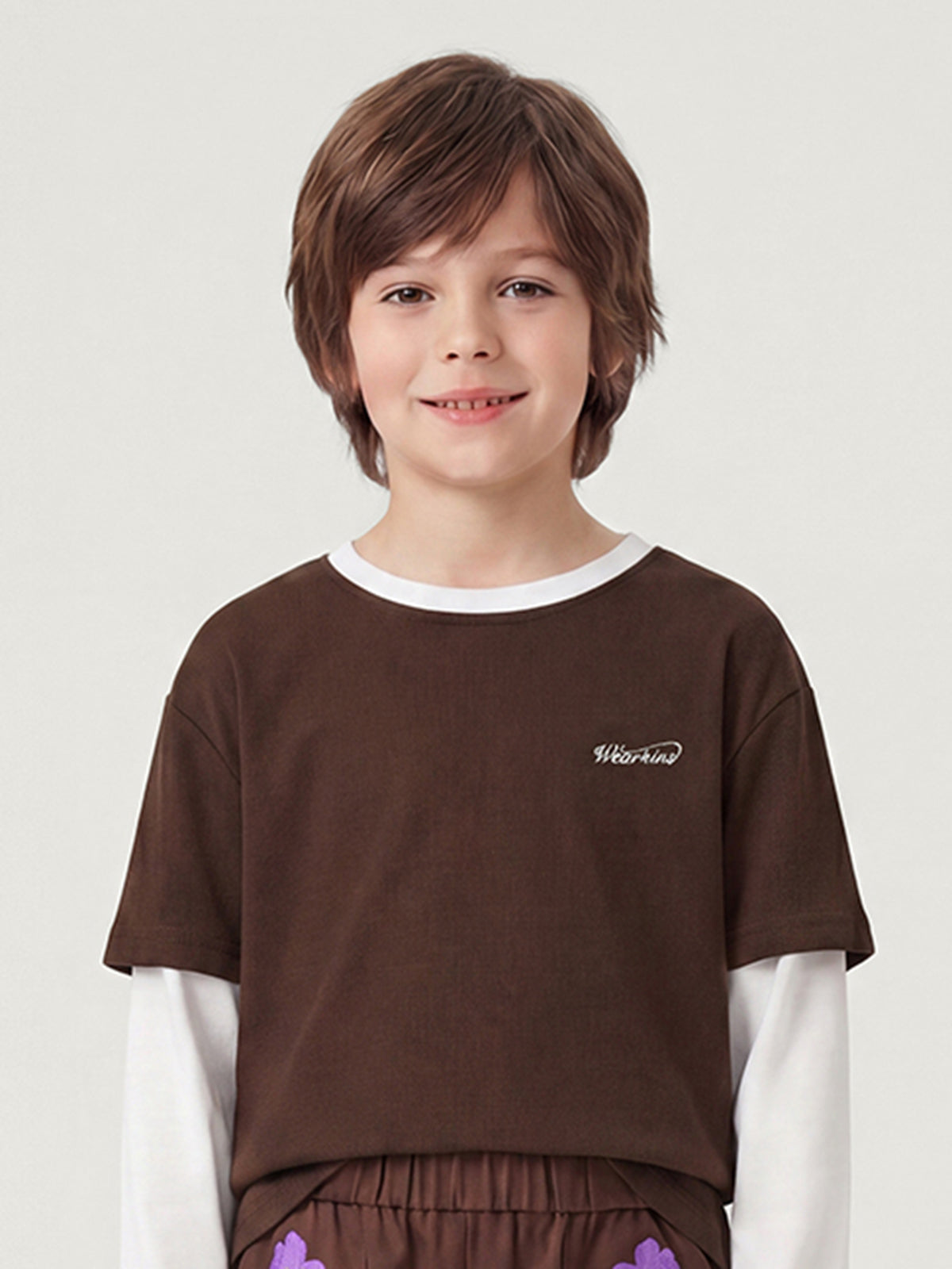 Kid's Brown Layered Tee & Floral Embroidered Shorts Set | KINS CLASS